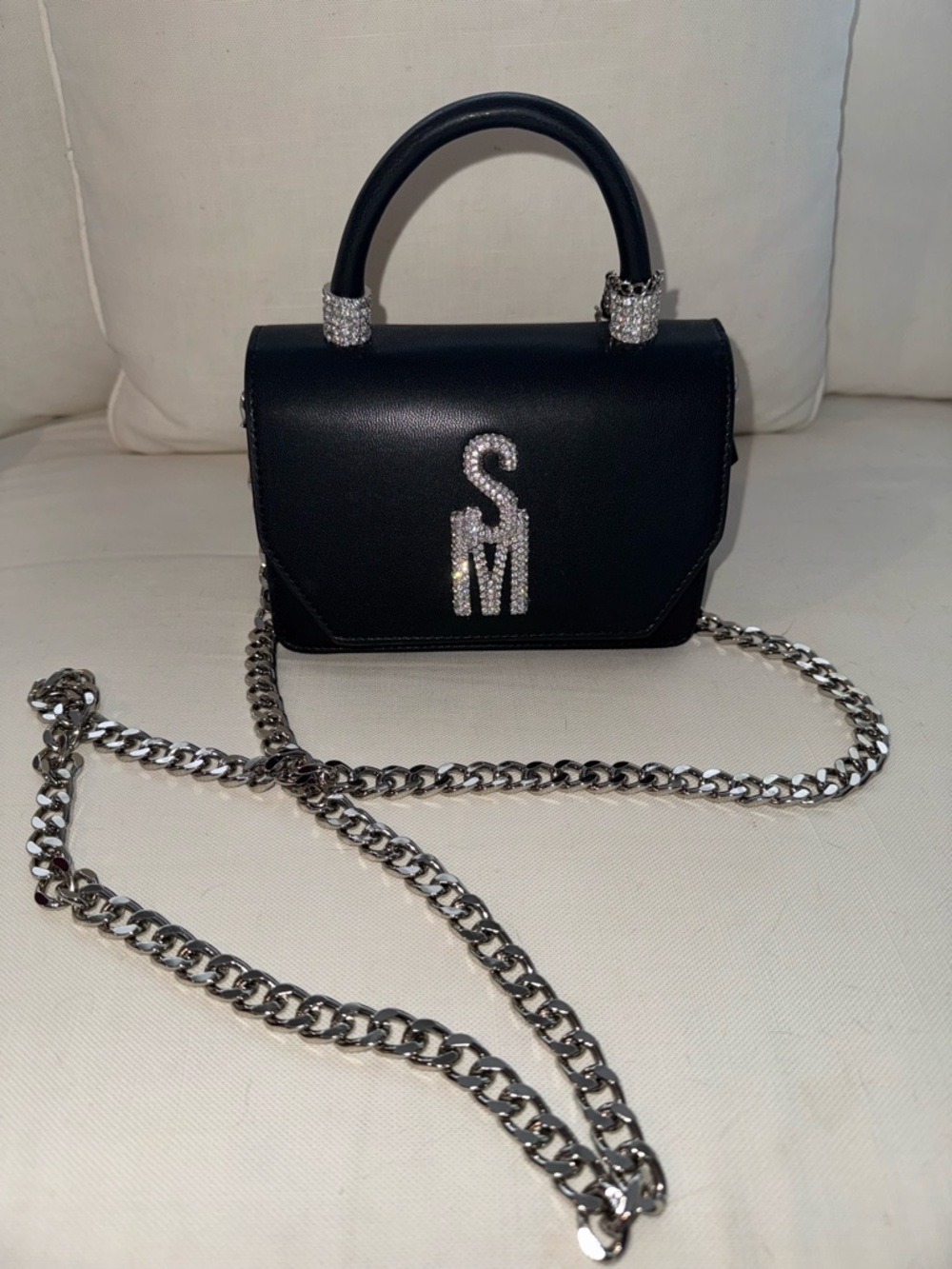 Steve Madden Black Mini Top-Handle Bag with Crystal Logo - Picture 3 of 10